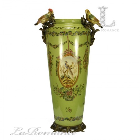 【美國 Castilian】純銅陶瓷手繪花鳥綠色高筒形花器